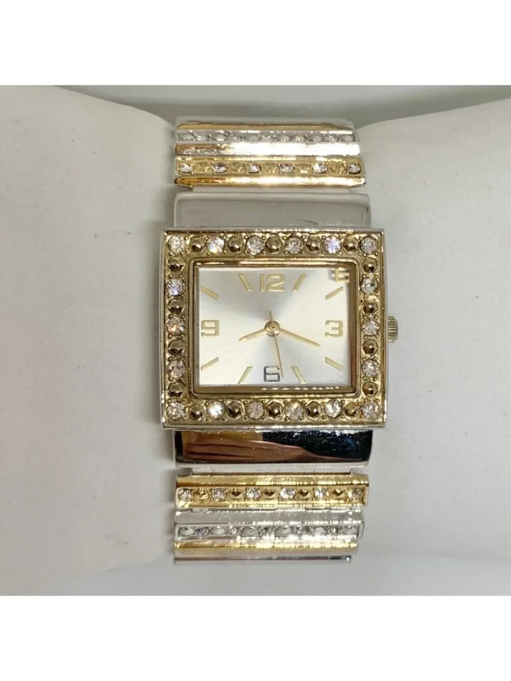 Women’s gold silver tone cuff bracelet watch 30mm rhinestones quartz 7” running